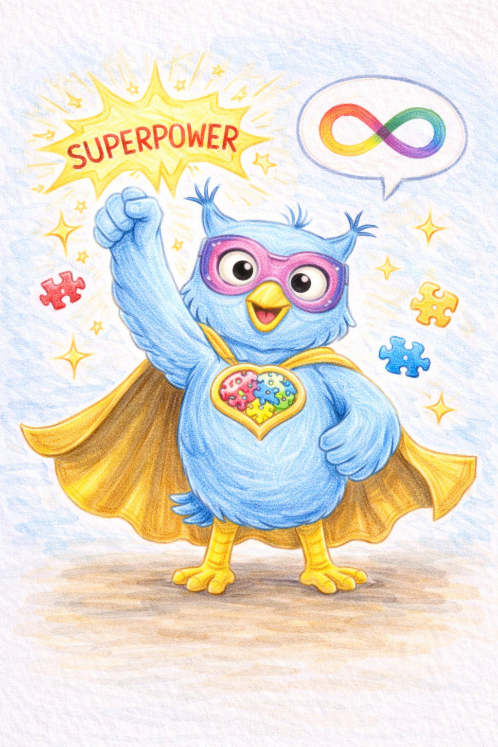 Superhelden Eule Bruno mit Neurodivergenzzeichen in der Sprechblase und Superpower