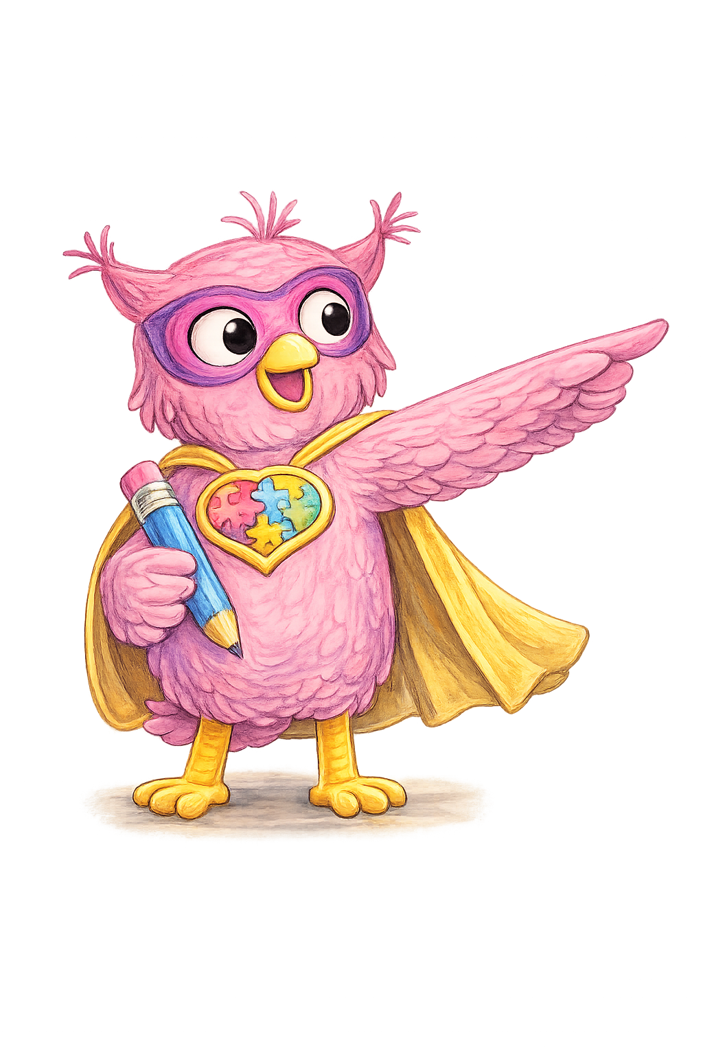 Superhelden Eule Luna Neurodivergenz mit Bleistift in dem Flügel